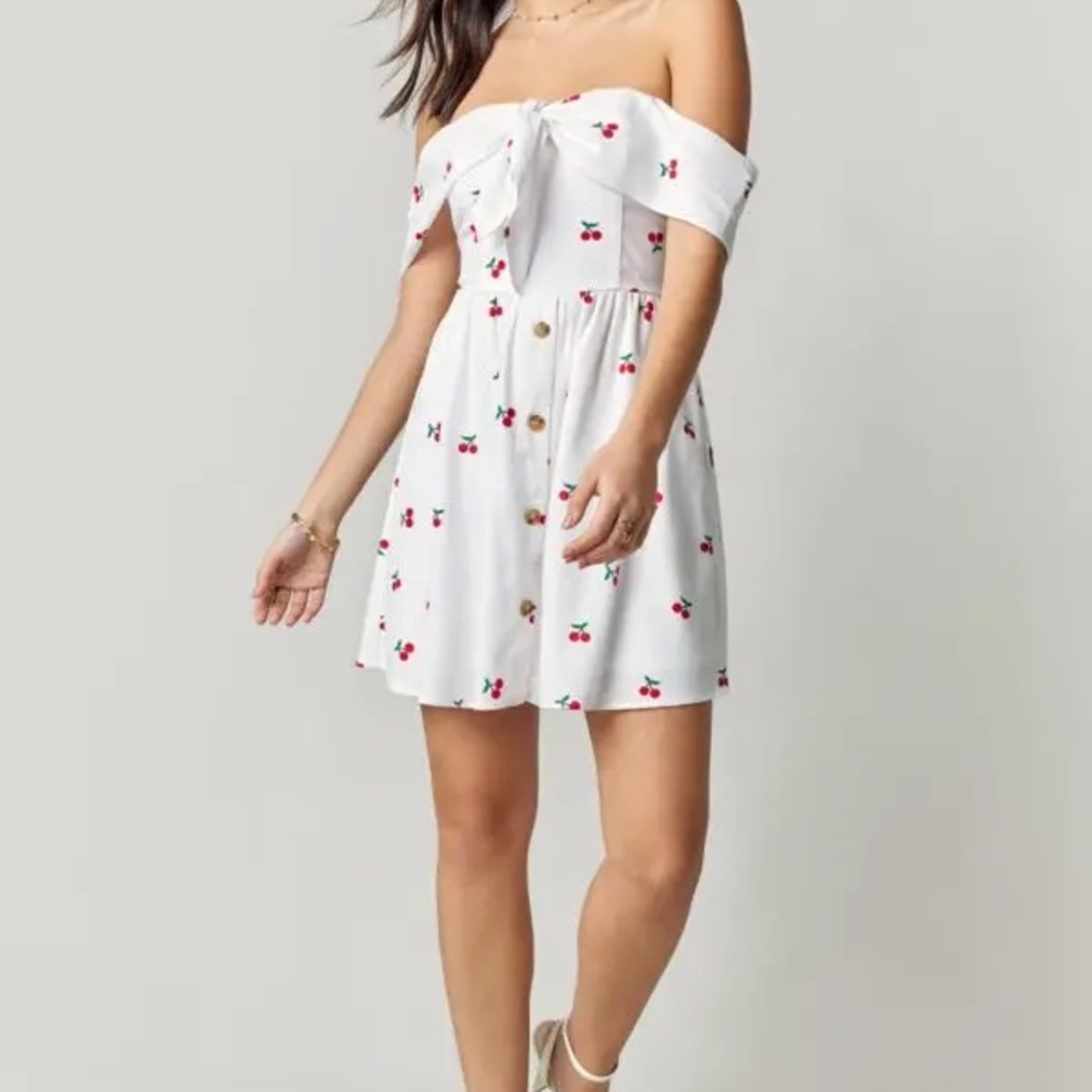 Cherry Print Off-Shoulder White Dress